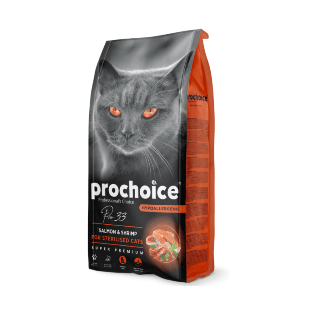 Prochoice | Pro 33 Sterilized Adult Cat Food with Salmon & Shrimp طعام القطط المعقمة برو تشويس برو 33 بالسلمون والروبيان - الصورة 1